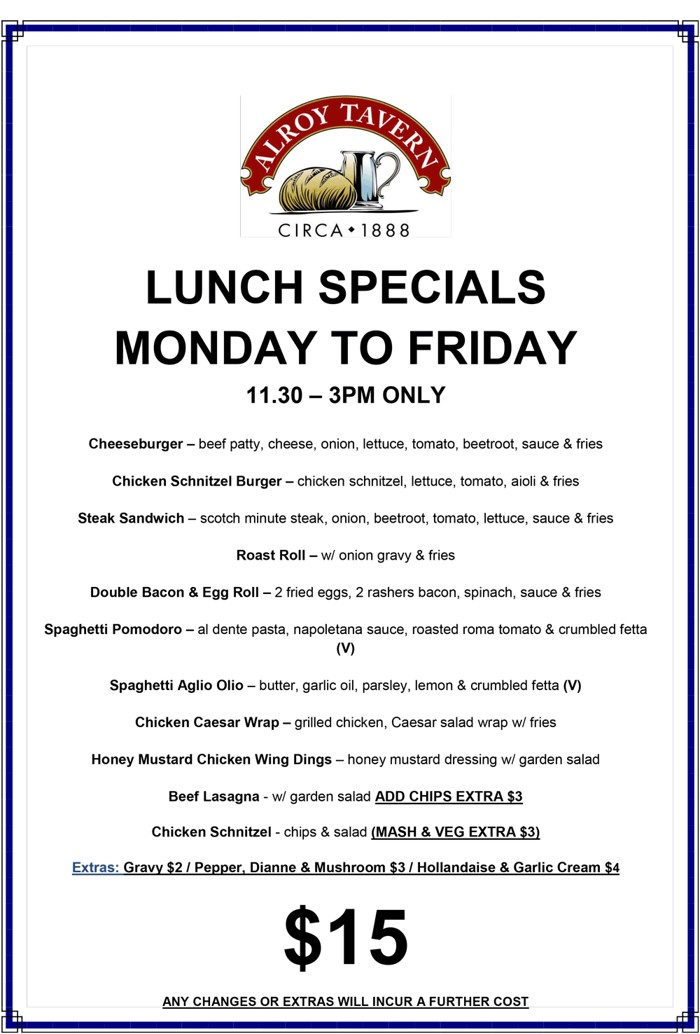 Alroy Tavern $15 Lunch Menu