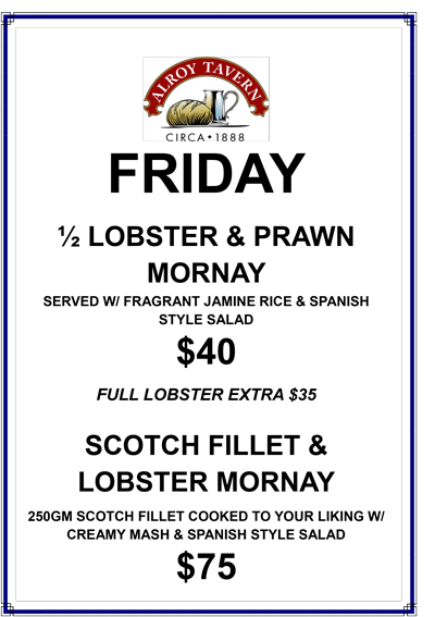 Alroy Tavern Daily Special Friday